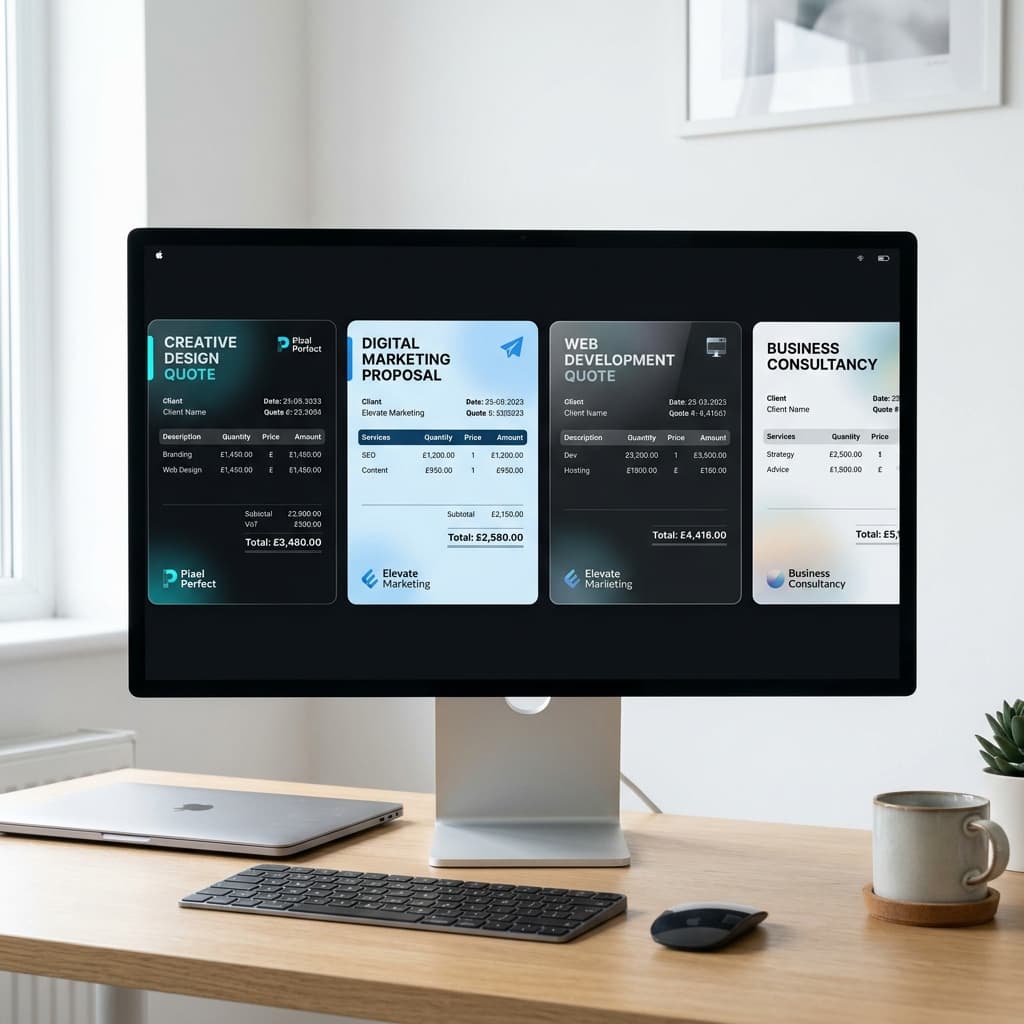 Variety of customizable professional quote templates displayed on a screen.