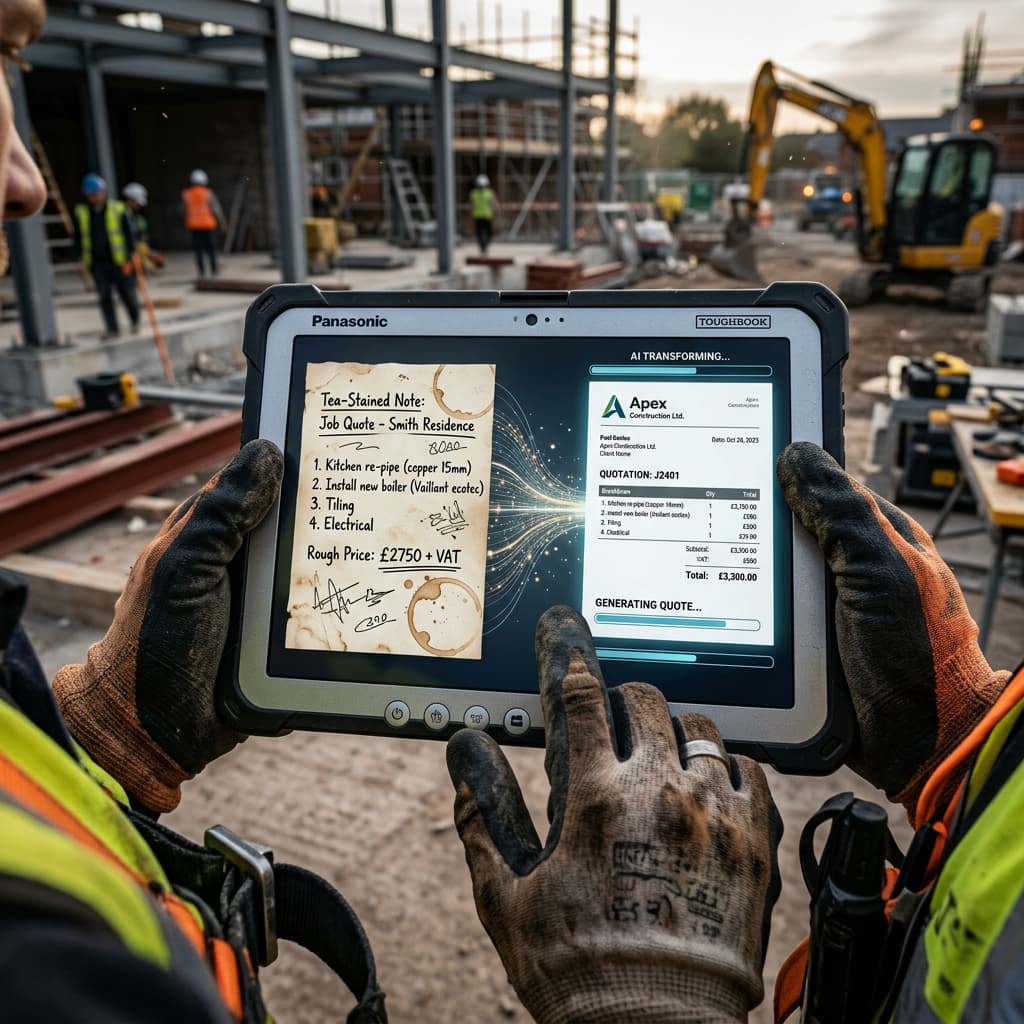 A rugged site tablet showing a tea-stained note being transformed into a professional quote by Best Quote Pro.