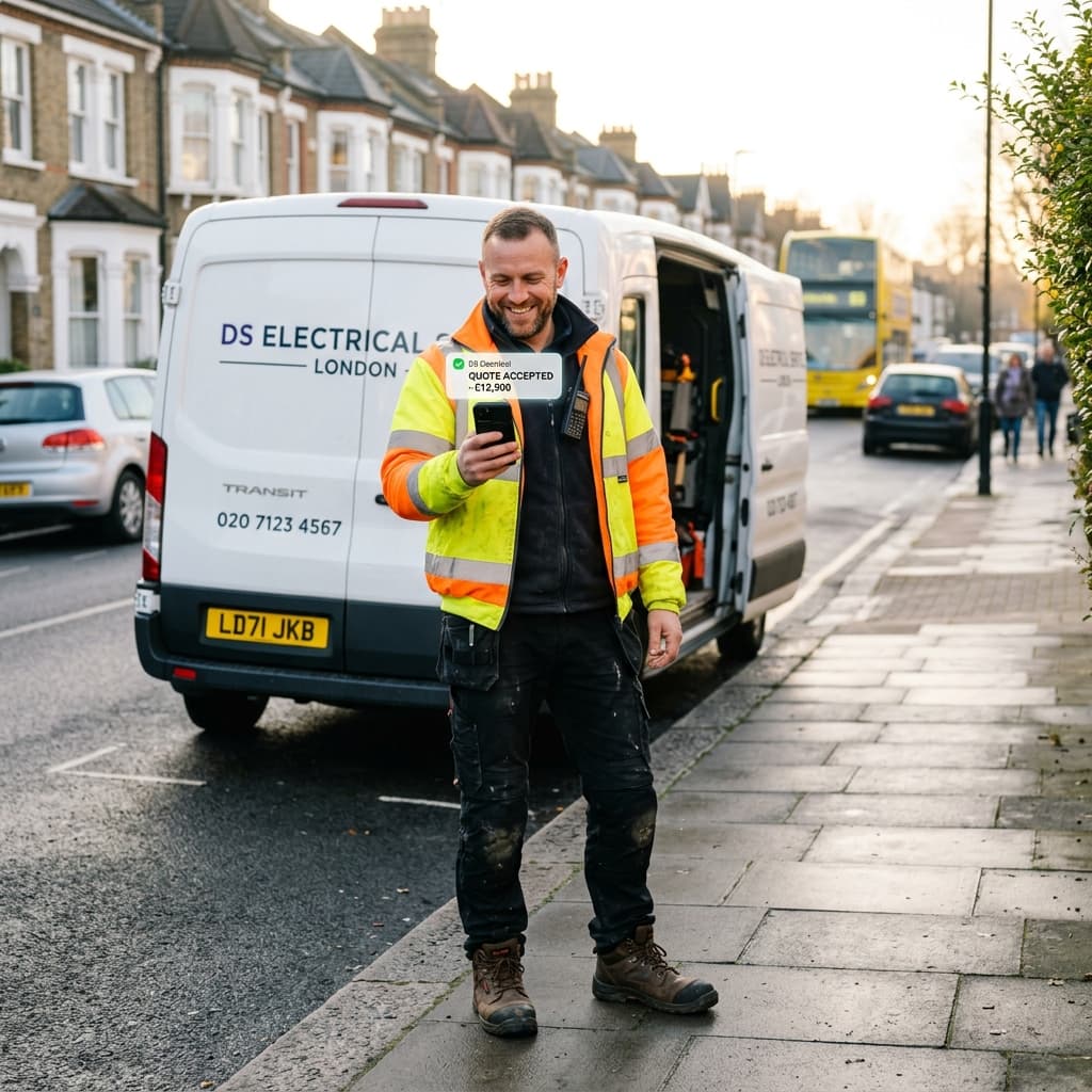 A happy UK tradesperson in high-vis gear seeing a 'Quote Accepted' notification next to his work van.