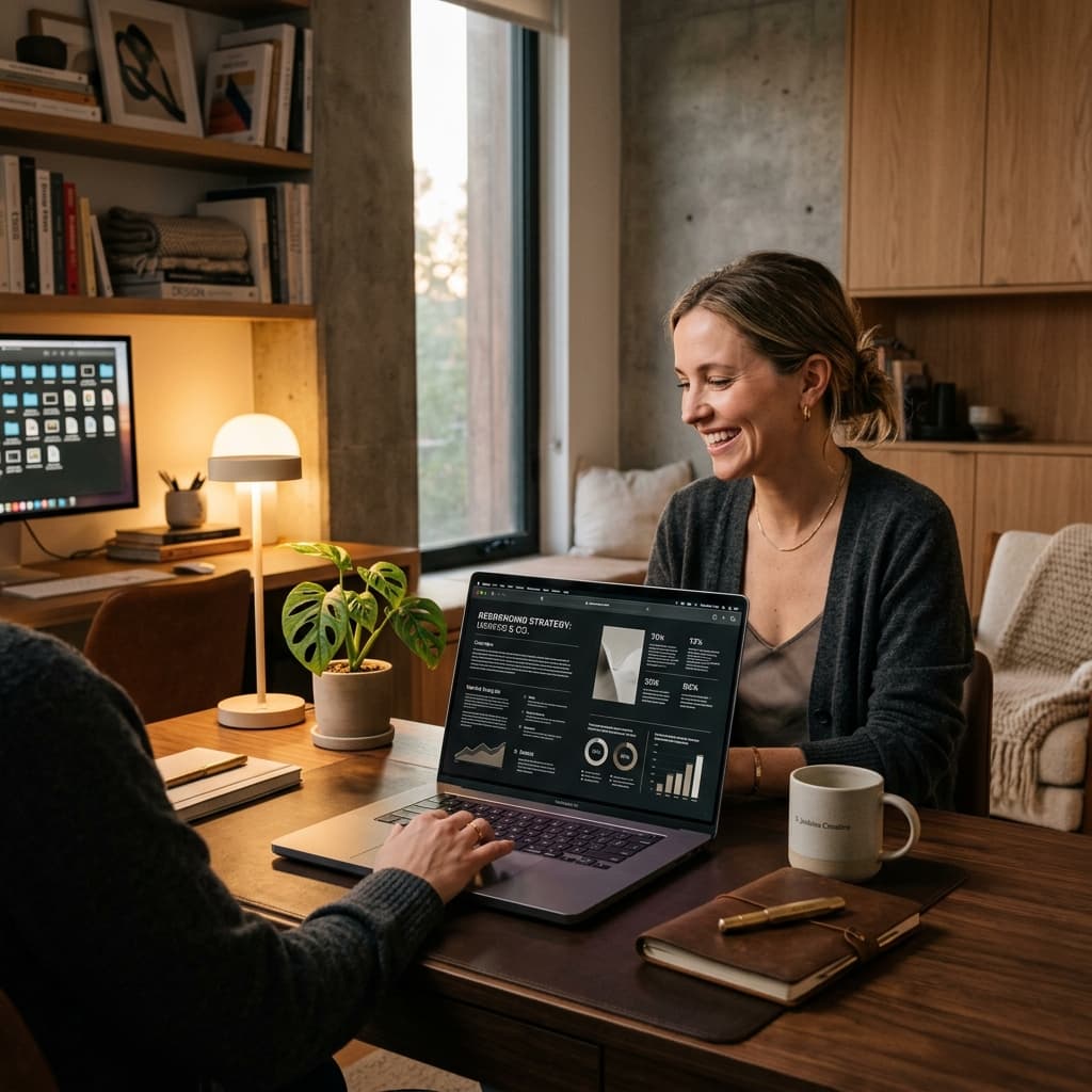 A creative professional designing a proposal on a modern laptop in a stylish office.